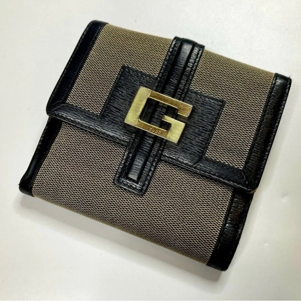 GUCCI GOLD G BUCKLE LEATHER BEIGE CANVAS WALLET BIFOLD Vintage